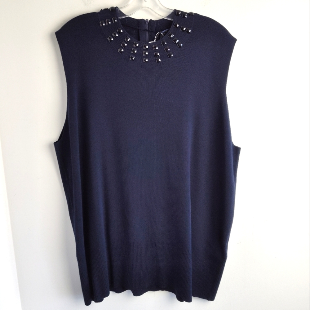 New Samoon by Gerry Weber Sleeveless Sweater 22 beaded knit top new navy blue